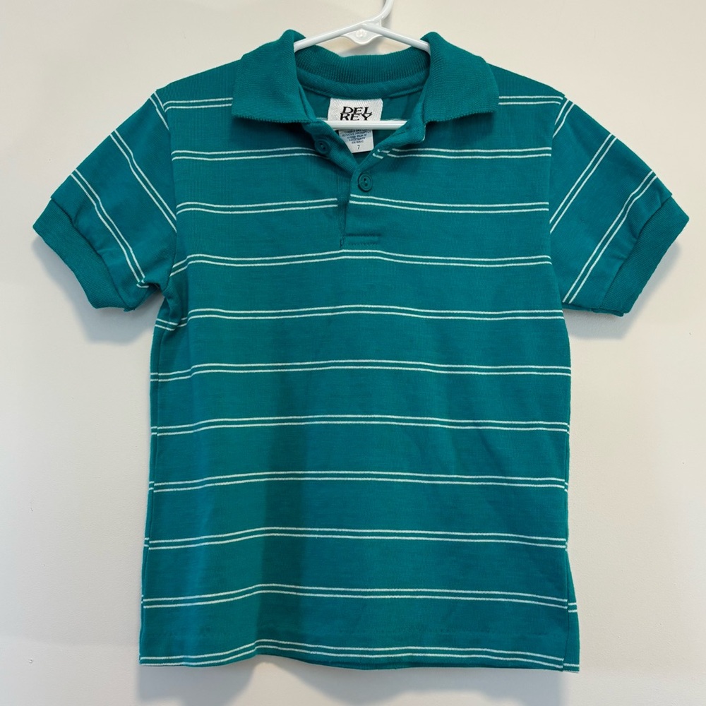 Vintage Del Rey USA Made Teal Short Sleeve Striped Polo Shirt Boy Size 7
